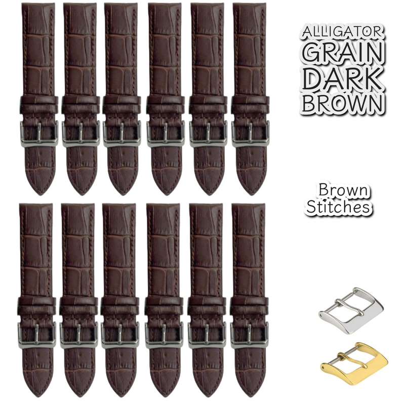 Load image into Gallery viewer, 12PCS Alligator Grain Dark Brown Leather Watch Band (12MM-30MM + XXL Sizes) Padded w/Brown Stitches
