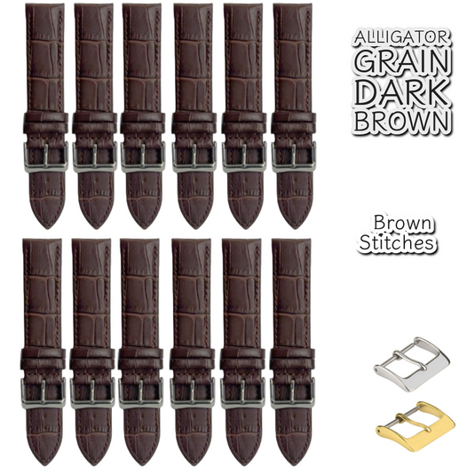 12PCS Alligator Grain Dark Brown Leather Watch Band (12MM-30MM + XXL Sizes) Padded w/Brown Stitches