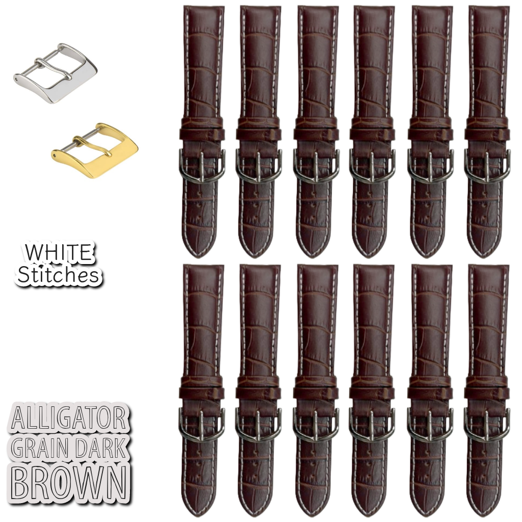 12PCS Alligator Grain Dark Brown Leather Watch Band (12MM-30MM + XXL Sizes) Padded w/White Stitches