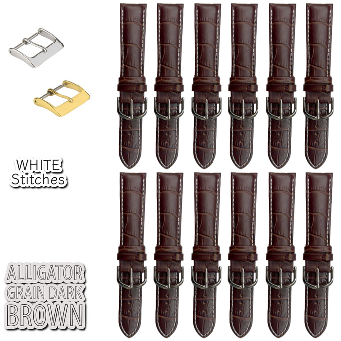 12PCS Alligator Grain Dark Brown Leather Watch Band (12MM-30MM + XXL Sizes) Padded w/White Stitches