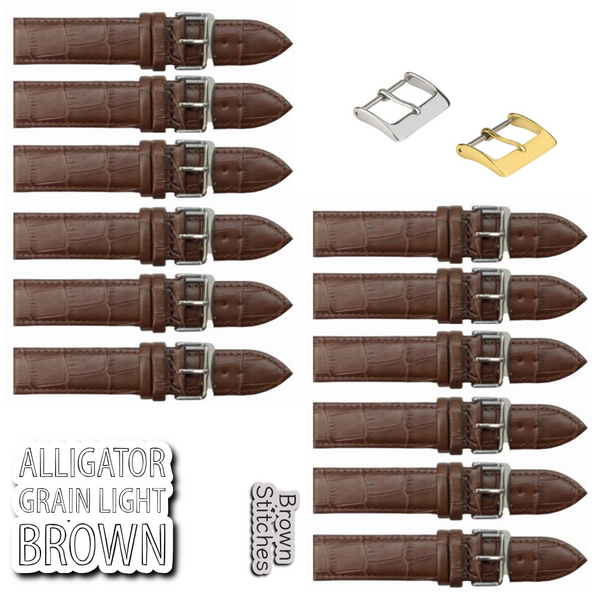 12PCS Alligator Grain LIGHT BROWN Leather Watch Band (12MM-30MM + XXL Sizes) Padded w/Brown Stitches