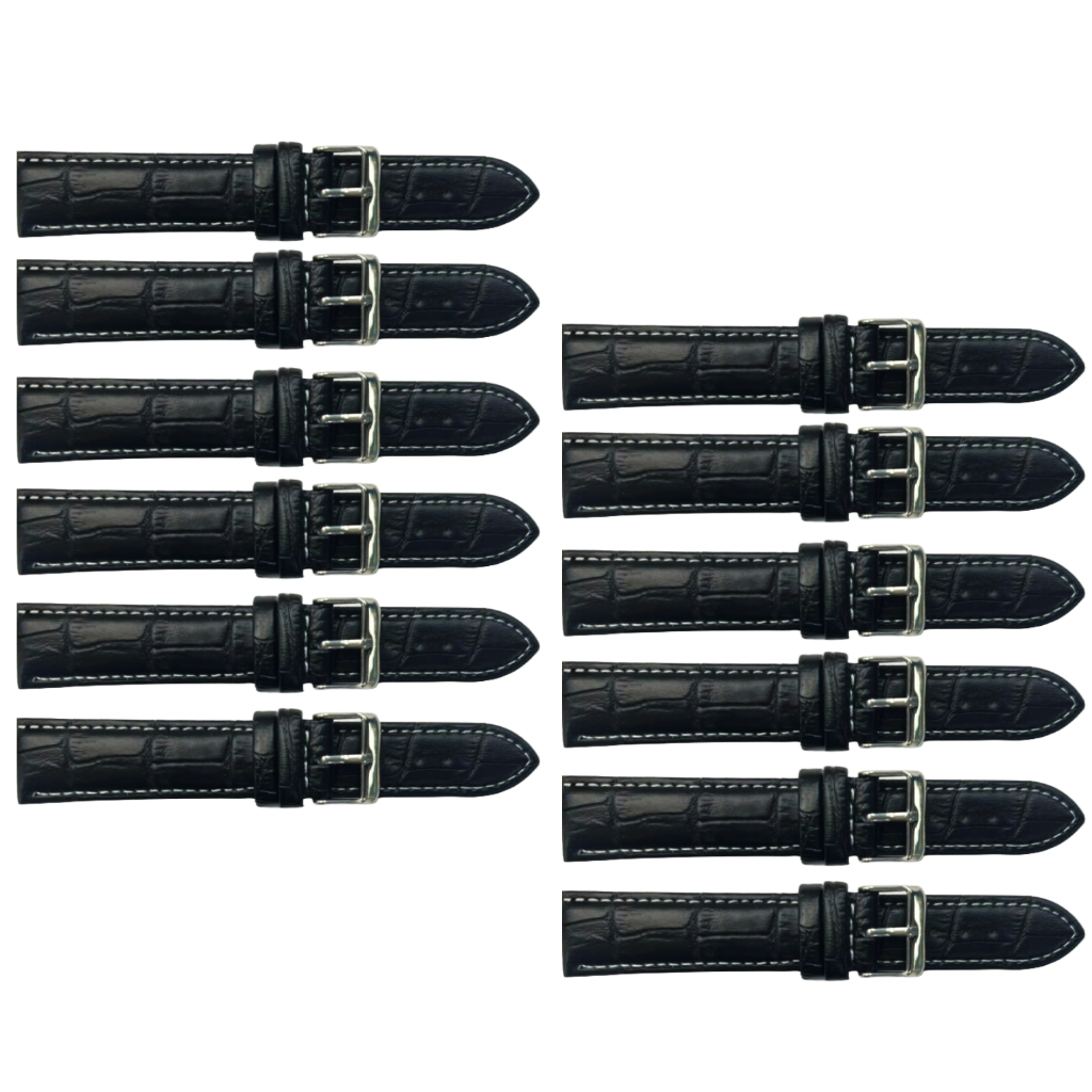 12PCS Alligator Grain Black Leather Watch Band (12MM-30MM + XXL Sizes) Padded w/White Stitches