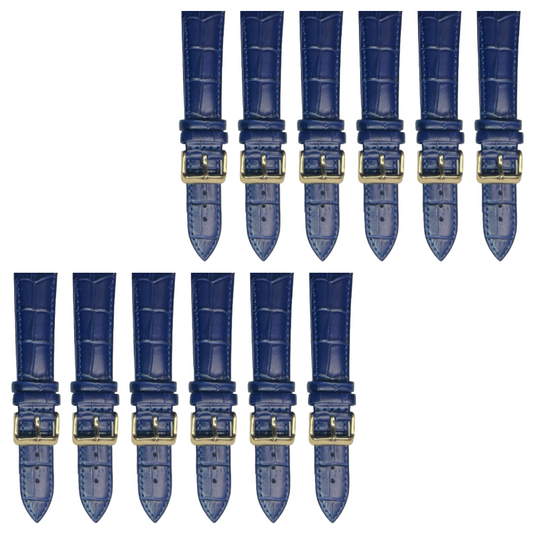 12PCS Alligator Grain Indigo Blue Leather Watch Band (20MMXXL & 22MM) Padded & Stitched