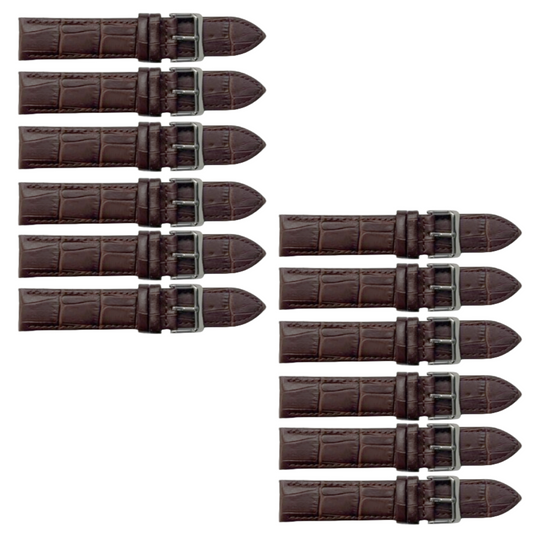 12PCS Alligator Grain Dark Brown Leather Watch Band (12MM-30MM + XXL Sizes) Padded w/Brown Stitches