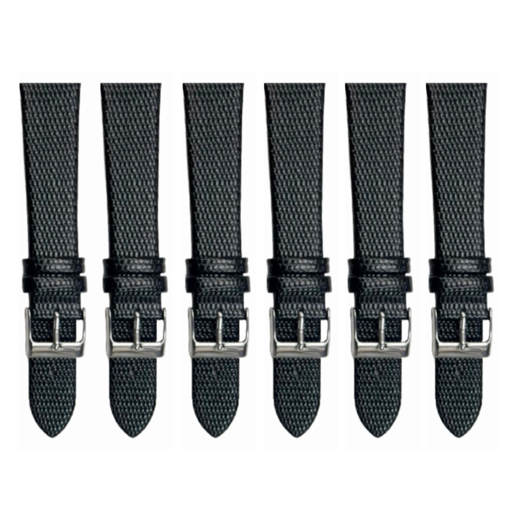 6PCS Lizard Grain Flat Black Unstitched Genuine Leather Watch Band Size (12MM-24MM)