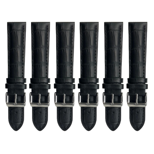 6PCS Alligator Grain Black Leather Watch Band (12MM-30MM + XXL Sizes) Padded w/Black Stitches