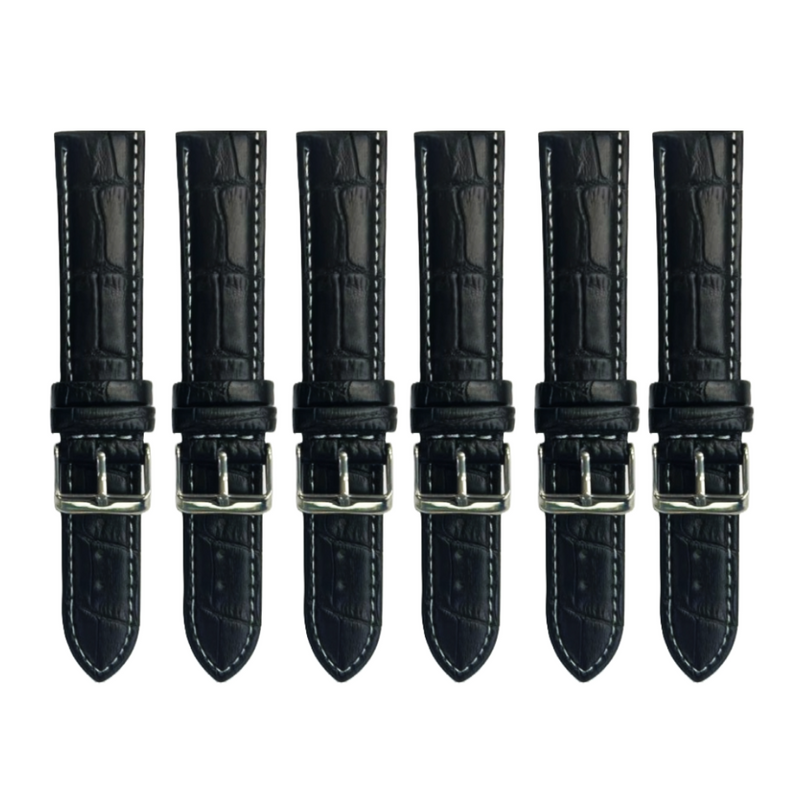 Load image into Gallery viewer, 6PCS Alligator Grain Black Leather Watch Band (12MM-30MM + XXL Sizes) Padded w/White Stitches
