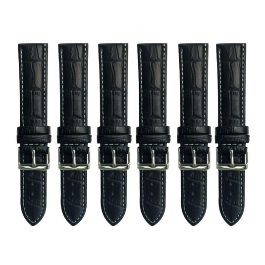 6PCS Alligator Grain Black Leather Watch Band (12MM-30MM + XXL Sizes) Padded w/White Stitches