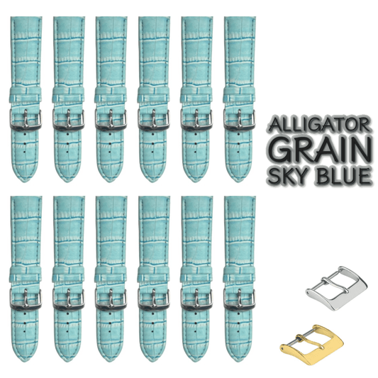 12PCS Alligator Grain Sky Blue Leather Watch Band 22MM Padded & Stitched - Universal Jewelers & Watch Tools Inc.