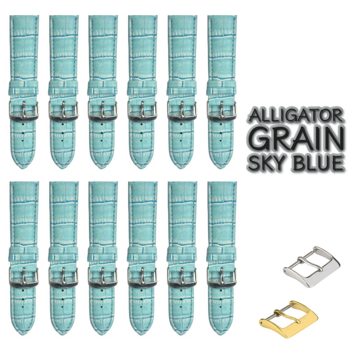 12PCS Alligator Grain Sky Blue Leather Watch Band 22MM Padded & Stitched