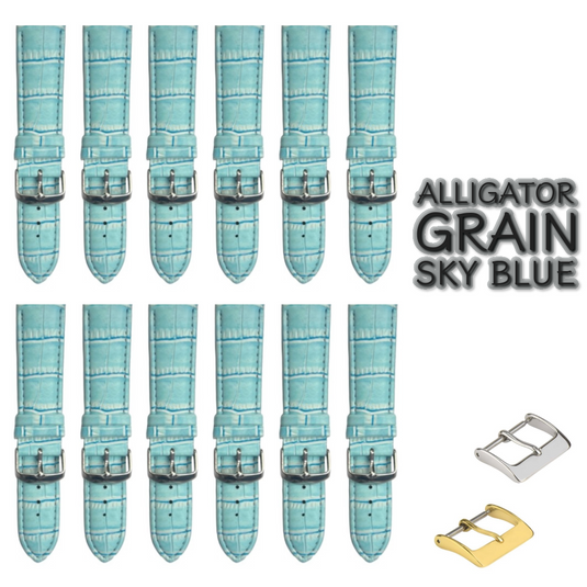 12PCS Alligator Grain Sky Blue Leather Watch Band 22MM Padded & Stitched