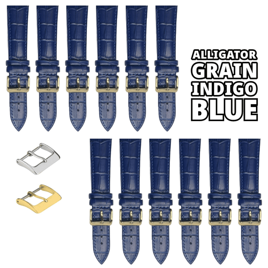12PCS Alligator Grain Indigo Blue Leather Watch Band (20MMXXL & 22MM) Padded & Stitched - Universal Jewelers & Watch Tools Inc.