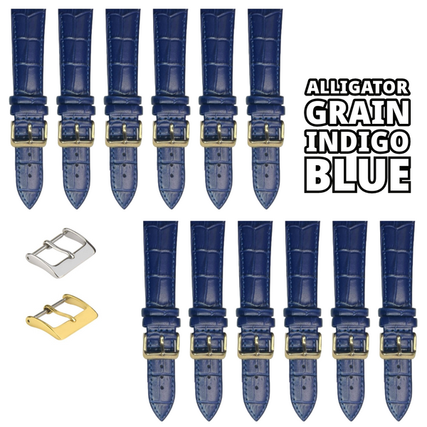 12PCS Alligator Grain Indigo Blue Leather Watch Band (20MMXXL & 22MM) Padded & Stitched