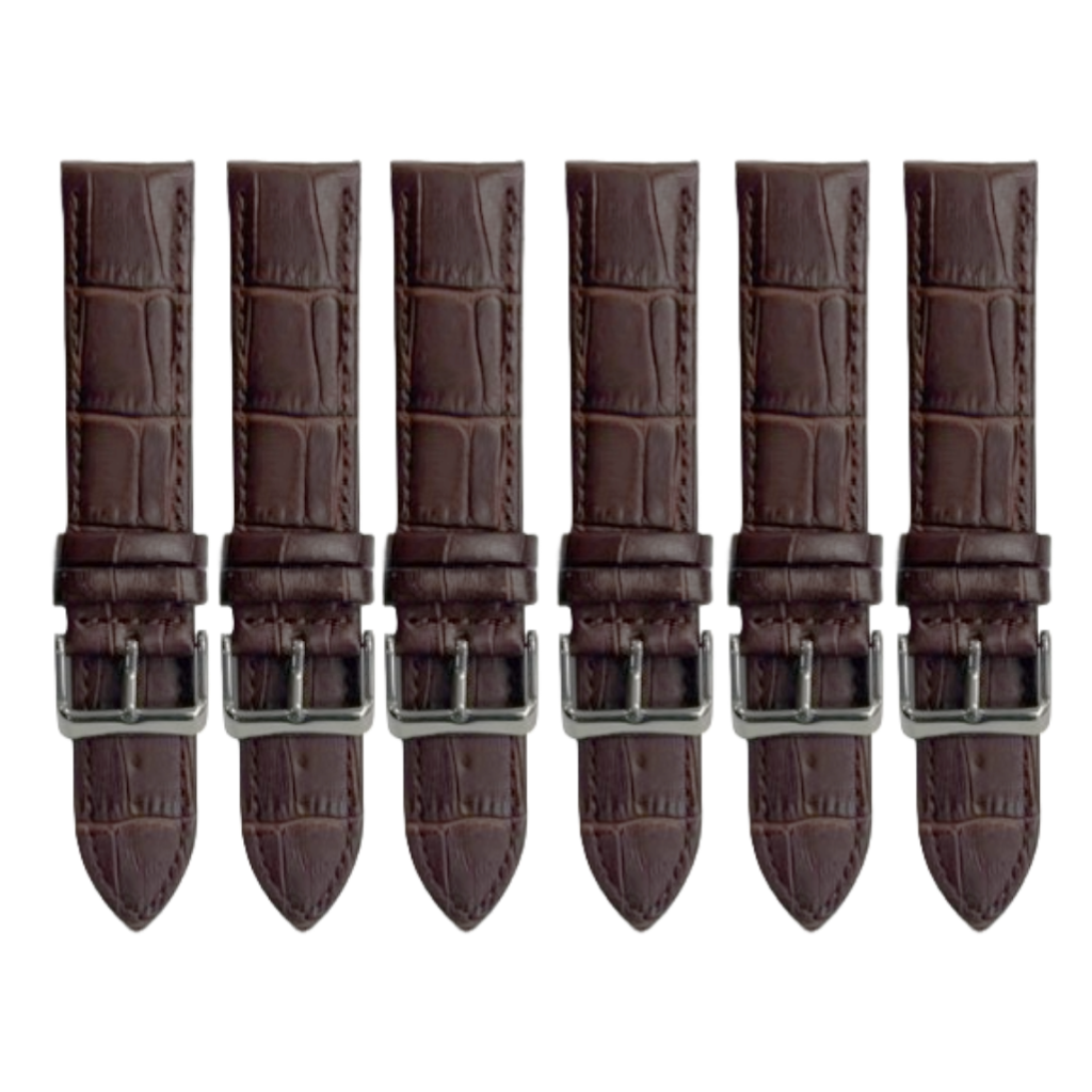 6PCS Alligator Grain Dark Brown Leather Watch Band (12MM-30MM + XXL Sizes) Padded w/Brown Stitches