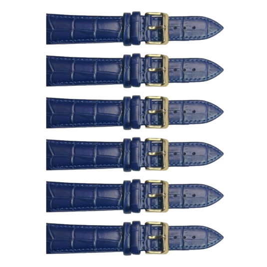 6PCS Alligator Grain Indigo Blue Leather Watch Band (20MMXXL & 22MM) Padded & Stitched