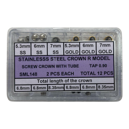 5.3mm-7mm Waterproof Screw Crown Assortment for Rolex Models, 12 Pcs