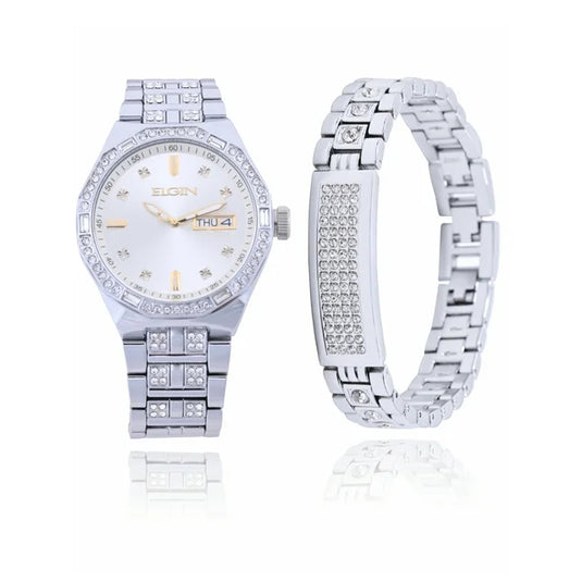 Elgin Men's Silver Watch & Matching Bracelet Set – Gold Markers | FG180016SST