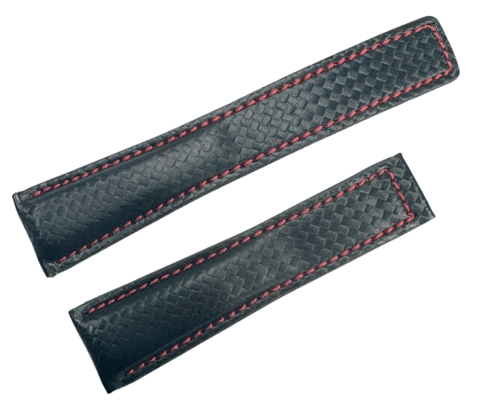 22mm Black Padded Carbon Fiber Pattern Leather Watch Band with Red Stitched - Universal Jewelers & Watch Tools Inc.