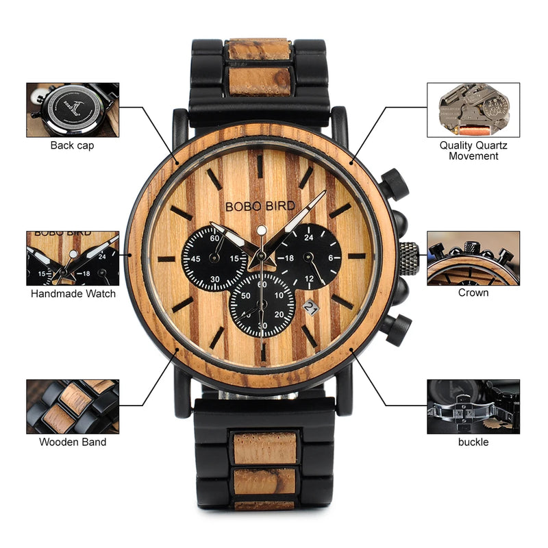 Load image into Gallery viewer, BOBOBIRD Luxury Men Watch Top Quartz Chronograph Personalized Wristwatch Timepiece Metal Wooden Strap Gift Box relogio masculino
