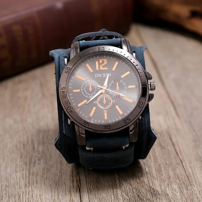 2023 Cowhide Strap Watches Men Punk Style Retro Fashion Wide Leather Band Watch Black Big Dial Wristwatch Men Bangles