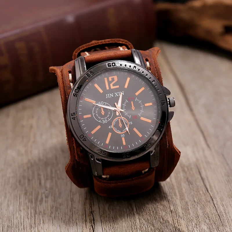 Load image into Gallery viewer, 2023 Cowhide Strap Watches Men Punk Style Retro Fashion Wide Leather Band Watch Black Big Dial Wristwatch Men Bangles
