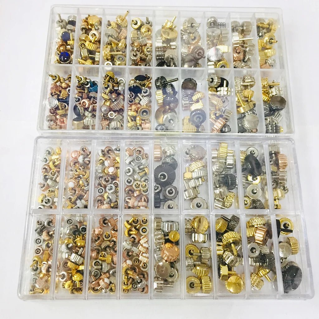 150 - 160pcs/Box Watch Crown Spare Parts, Silver Bronze Copper Assorted Watch Crown Parts Replacement Accessories - Universal Jewelers & Watch Tools Inc.