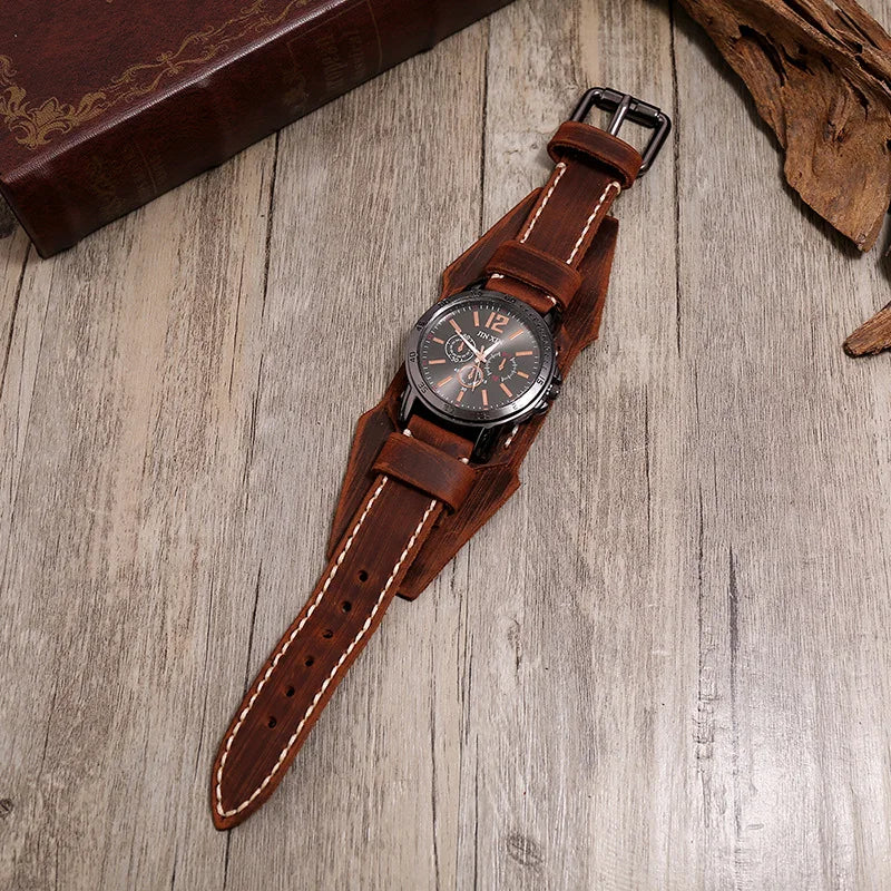 Load image into Gallery viewer, 2023 Cowhide Strap Watches Men Punk Style Retro Fashion Wide Leather Band Watch Black Big Dial Wristwatch Men Bangles
