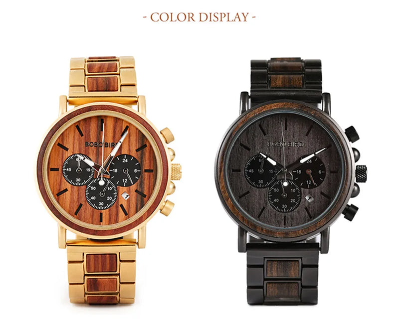 Load image into Gallery viewer, BOBOBIRD Luxury Men Watch Top Quartz Chronograph Personalized Wristwatch Timepiece Metal Wooden Strap Gift Box relogio masculino
