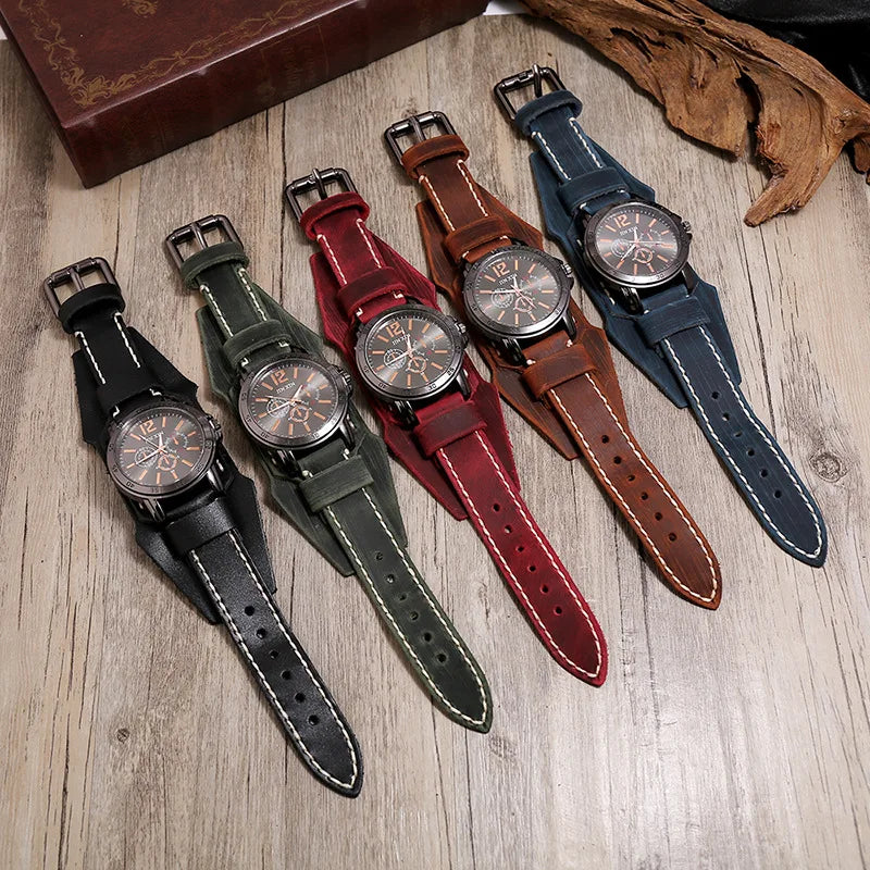 Load image into Gallery viewer, 2023 Cowhide Strap Watches Men Punk Style Retro Fashion Wide Leather Band Watch Black Big Dial Wristwatch Men Bangles
