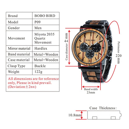 BOBOBIRD Luxury Men Watch Top Quartz Chronograph Personalized Wristwatch Timepiece Metal Wooden Strap Gift Box relogio masculino