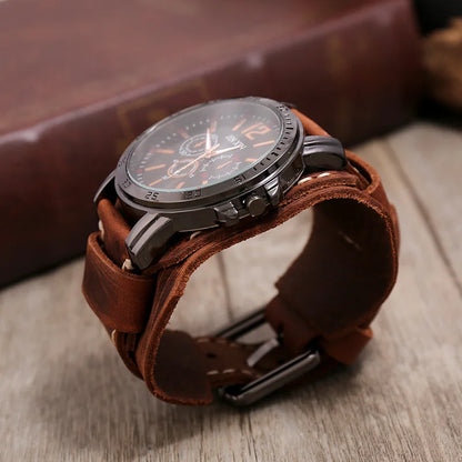 2023 Cowhide Strap Watches Men Punk Style Retro Fashion Wide Leather Band Watch Black Big Dial Wristwatch Men Bangles