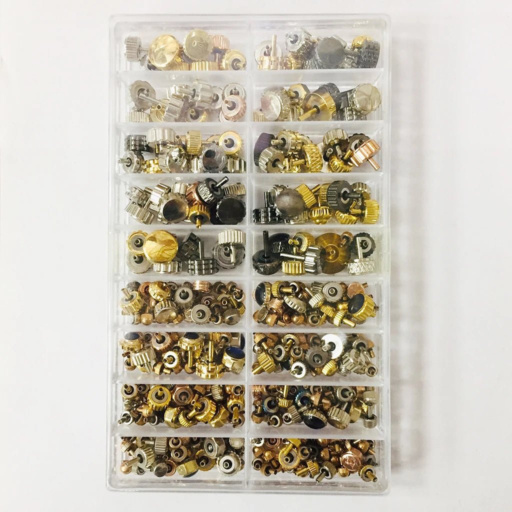 150 - 160pcs/Box Watch Crown Spare Parts, Silver Bronze Copper Assorted Watch Crown Parts Replacement Accessories - Universal Jewelers & Watch Tools Inc.