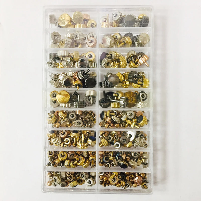 Load image into Gallery viewer, 150-160pcs/Box Watch Crown Spare Parts, Silver Bronze Copper Assorted Watch Crown Parts Replacement Accessories
