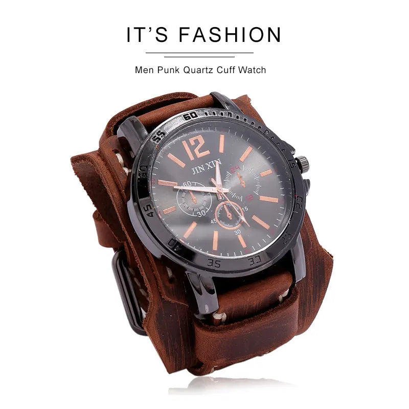 2023 Cowhide Strap Watches Men Punk Style Retro Fashion Wide Leather Band Watch Black Big Dial Wristwatch Men Bangles