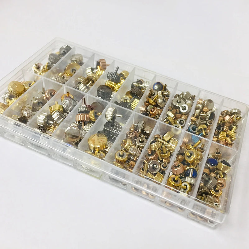 Load image into Gallery viewer, 150-160pcs/Box Watch Crown Spare Parts, Silver Bronze Copper Assorted Watch Crown Parts Replacement Accessories
