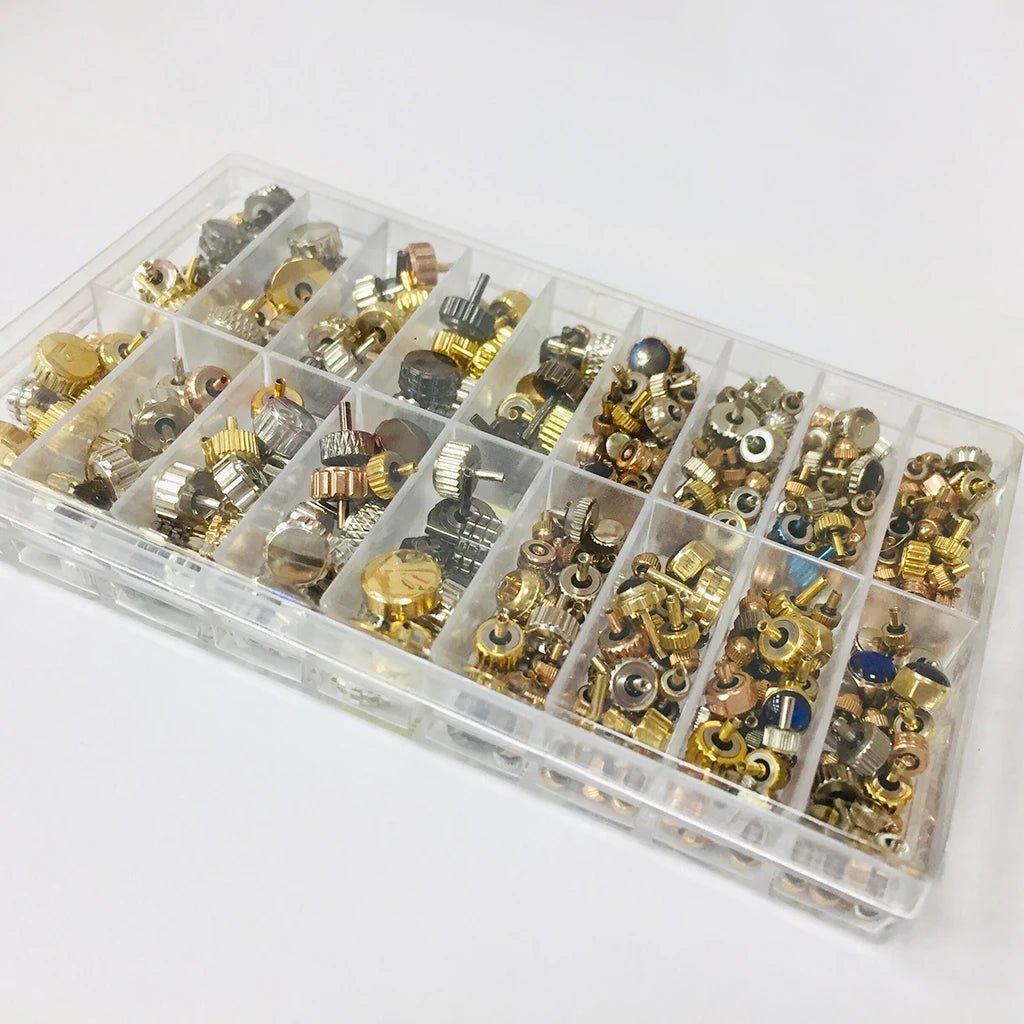 150 - 160pcs/Box Watch Crown Spare Parts, Silver Bronze Copper Assorted Watch Crown Parts Replacement Accessories - Universal Jewelers & Watch Tools Inc.