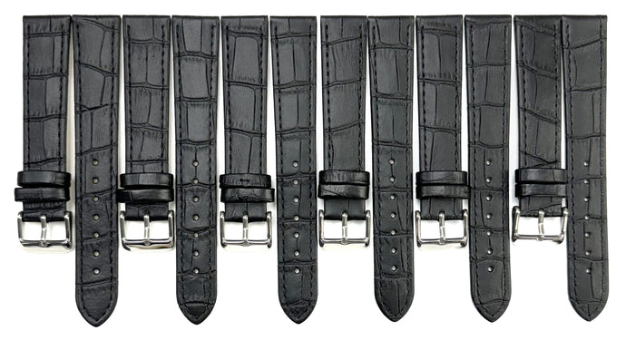 Lot of 6 Watch Bands Genuine Leather Alligator Grain Black, Flat 18mm