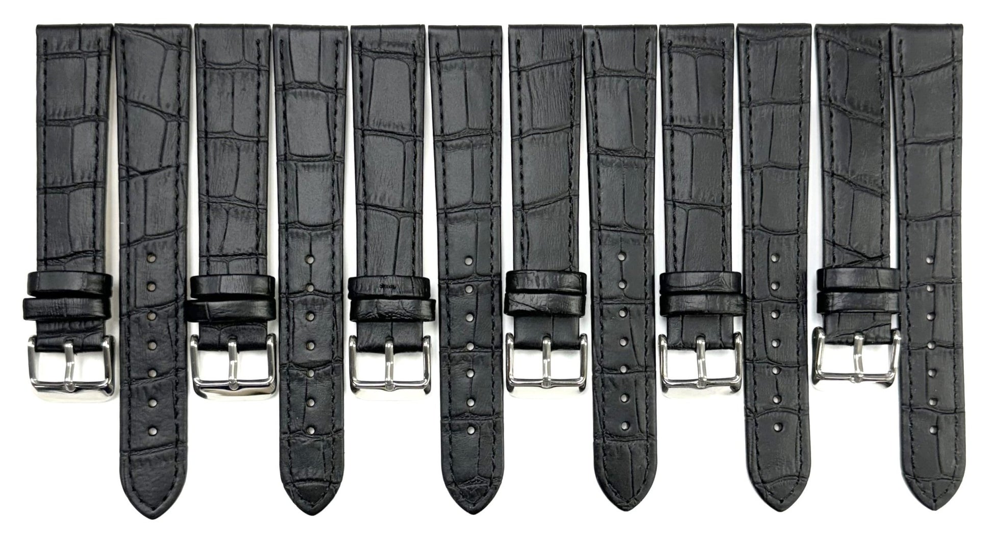Lot of 6 Watch Bands Genuine Leather Alligator Grain Black, Flat 20mm - Universal Jewelers & Watch Tools Inc.