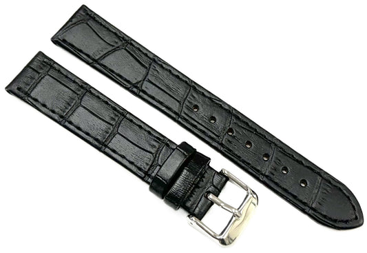 Genuine Leather Alligator Grain Watch Band, Black, Flat 18mm
