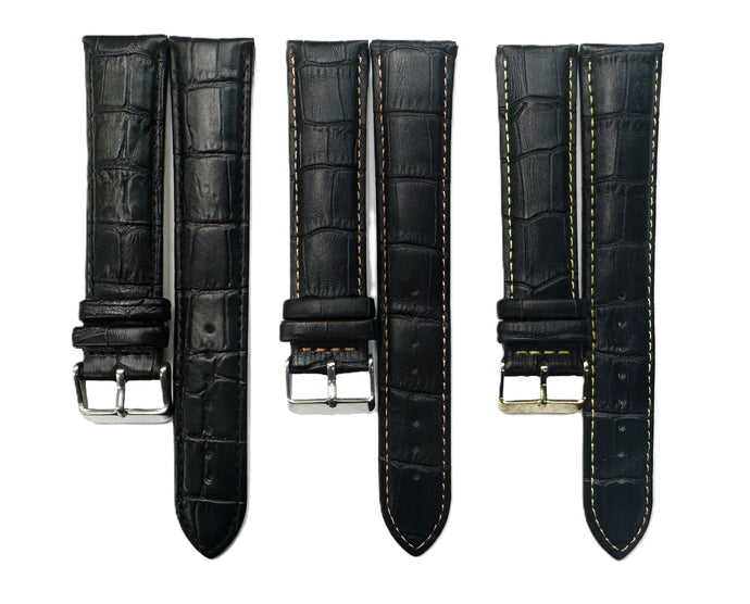 22mm XXL Black Alligator Grain Genuine Leather Watch Band with Padded & Stitched