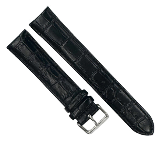 22mm XXL Black Alligator Grain Genuine Leather Watch Band with Padded & Stitched