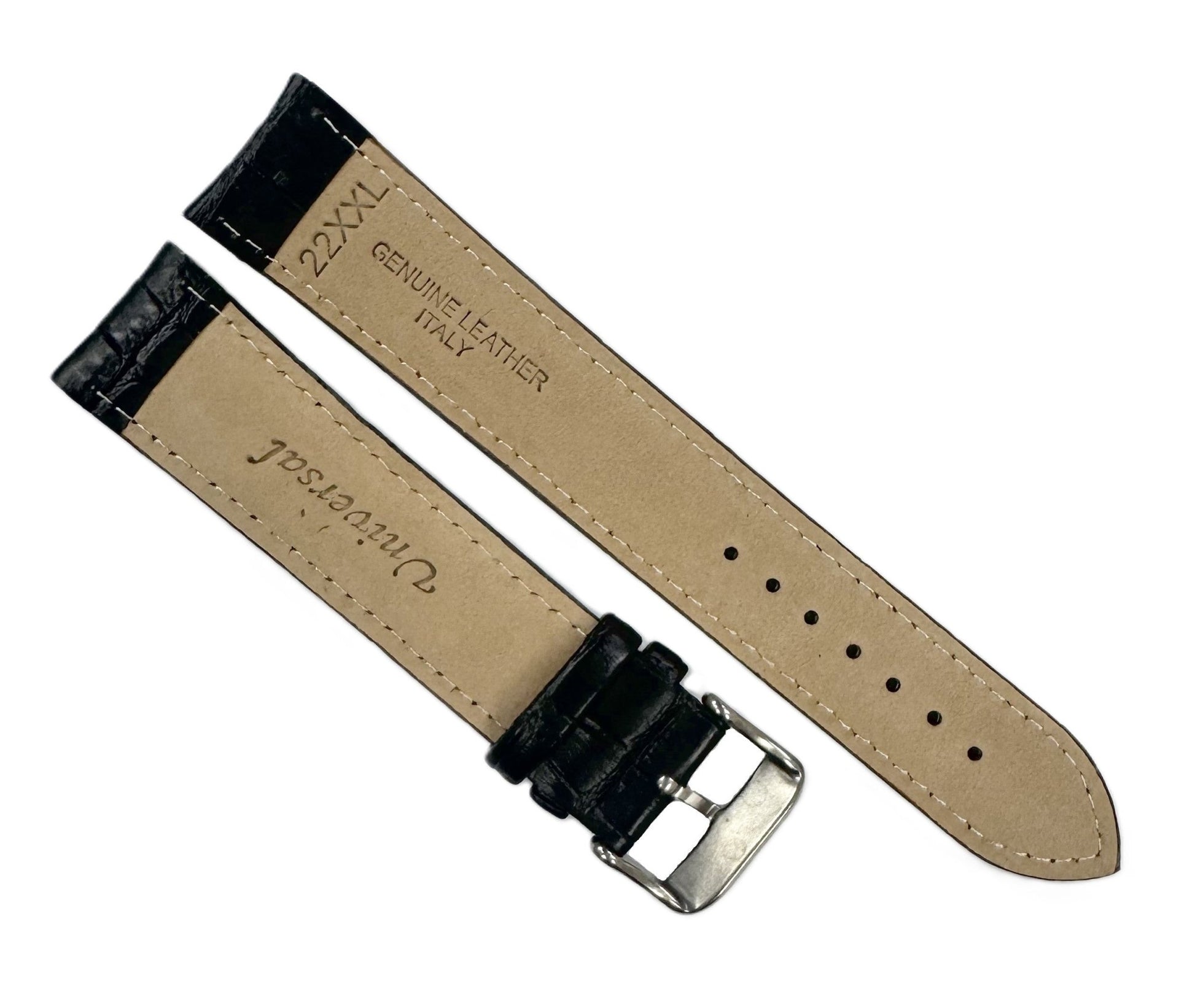 22mm XXL Black Alligator Grain Genuine Leather Watch Band with Padded & Stitched - Universal Jewelers & Watch Tools Inc.