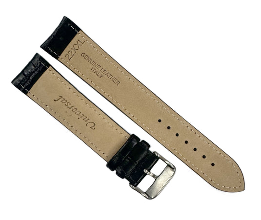 22mm XXL Black Alligator Grain Genuine Leather Watch Band with Padded & Stitched