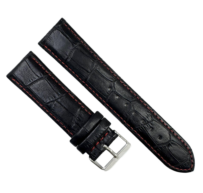 22mm XL Black Alligator Grain Genuine Leather Watch Band with Padded & Red Stitched