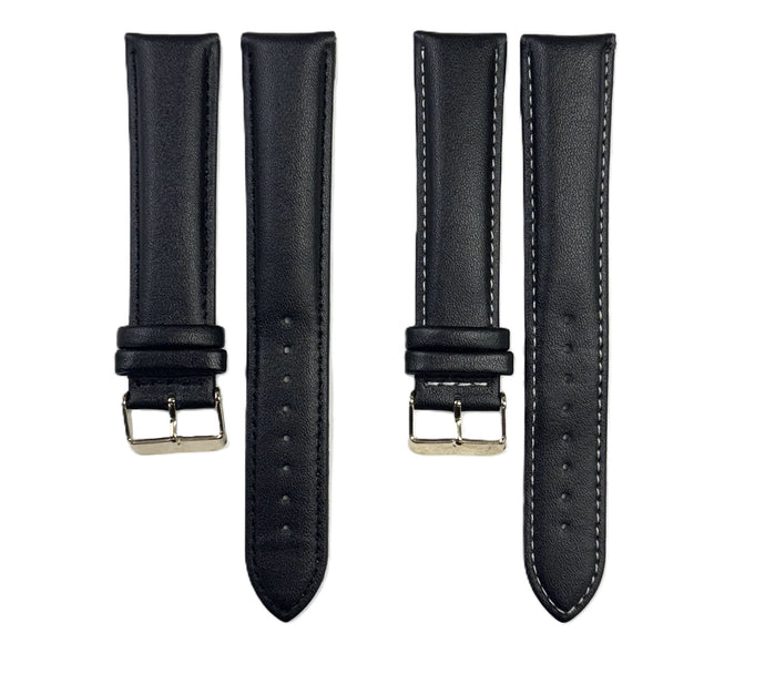 22mmXXL Plain Black Genuine Leather Watch Band with Padded & Stitched