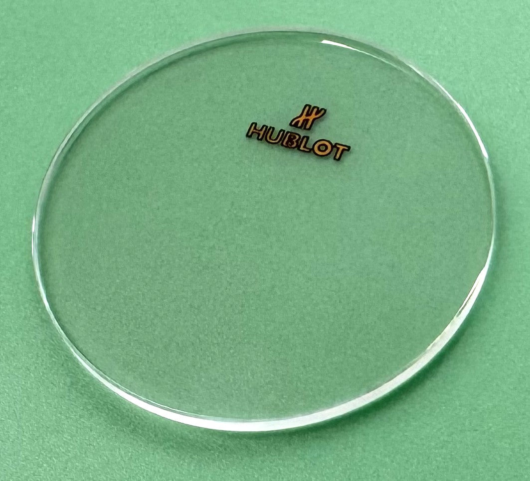 33.0mm Diameter, 1.7mm Thickness Sapphire Crystal for Hublot Watches, ROSE GOLD Logo - Universal Jewelers & Watch Tools Inc.