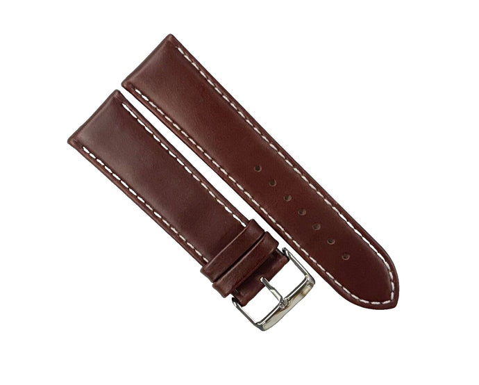 Watch Band Genuine Leather Plain D.Brown Color ,Padded, white Stitched 24MM