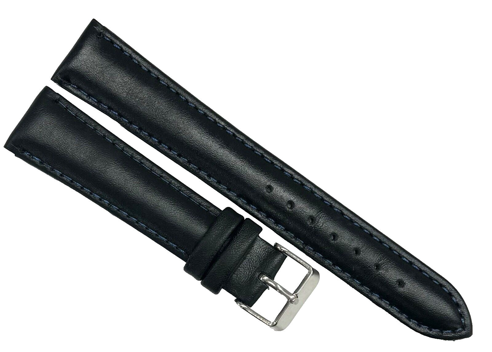 Watch Band Plain Black w/Blue Stitches Genuine Leather Padded 19mm - Universal Jewelers & Watch Tools Inc.