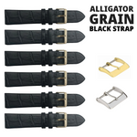 6PCS Black Leather Flat Unstitched Alligator Grain Watch Band Sizes 12MM-24MM