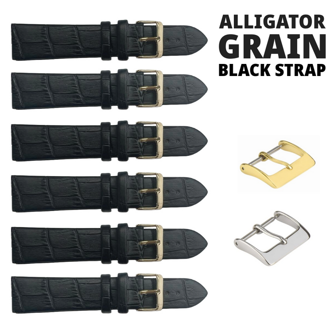 6PCS Black Leather Flat Unstitched Alligator Grain Watch Band Sizes 12MM-24MM